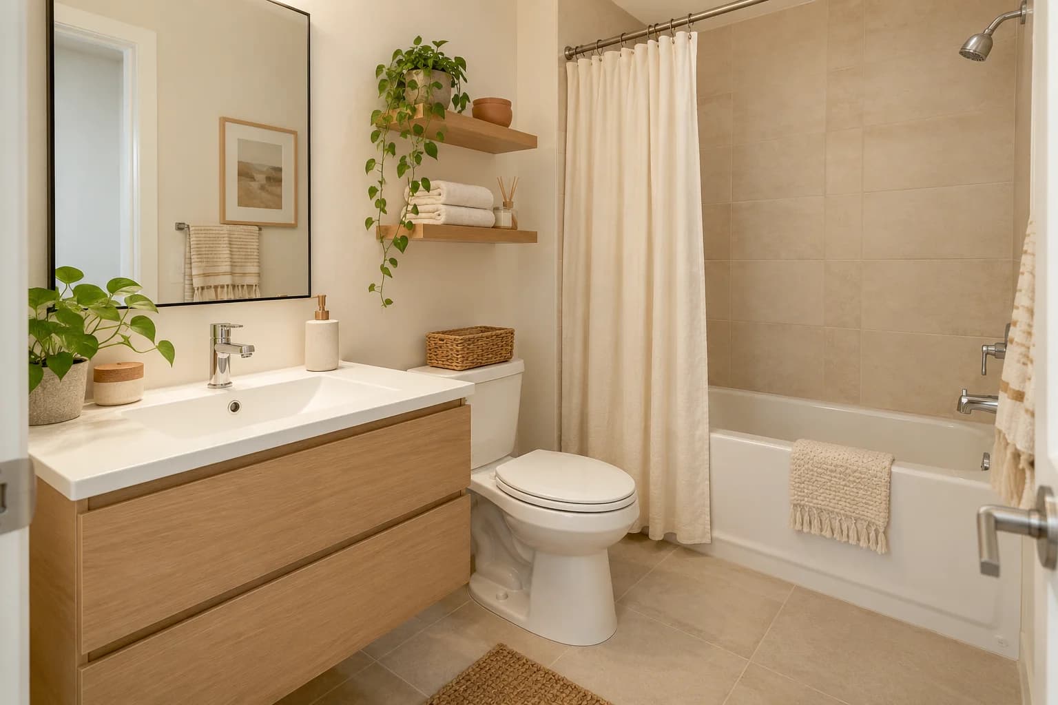 Fresh modern bathroom with a light oak vanity and warm boho accents