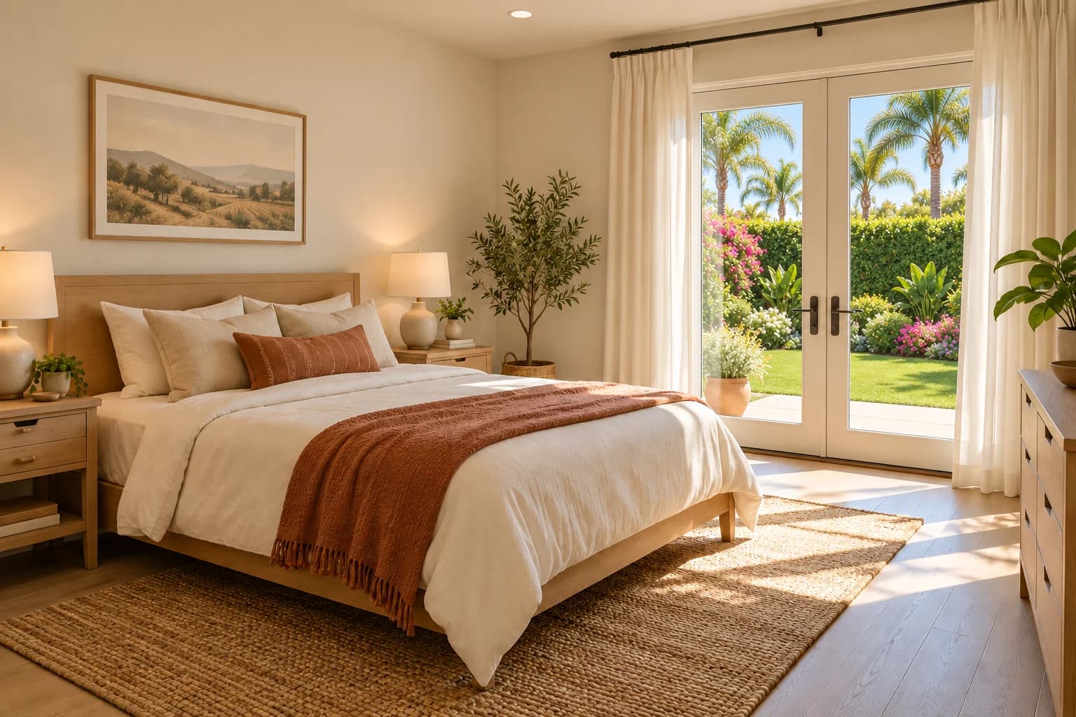 Clean California family-home bedroom with linen curtains, a green privacy hedge and palm trees