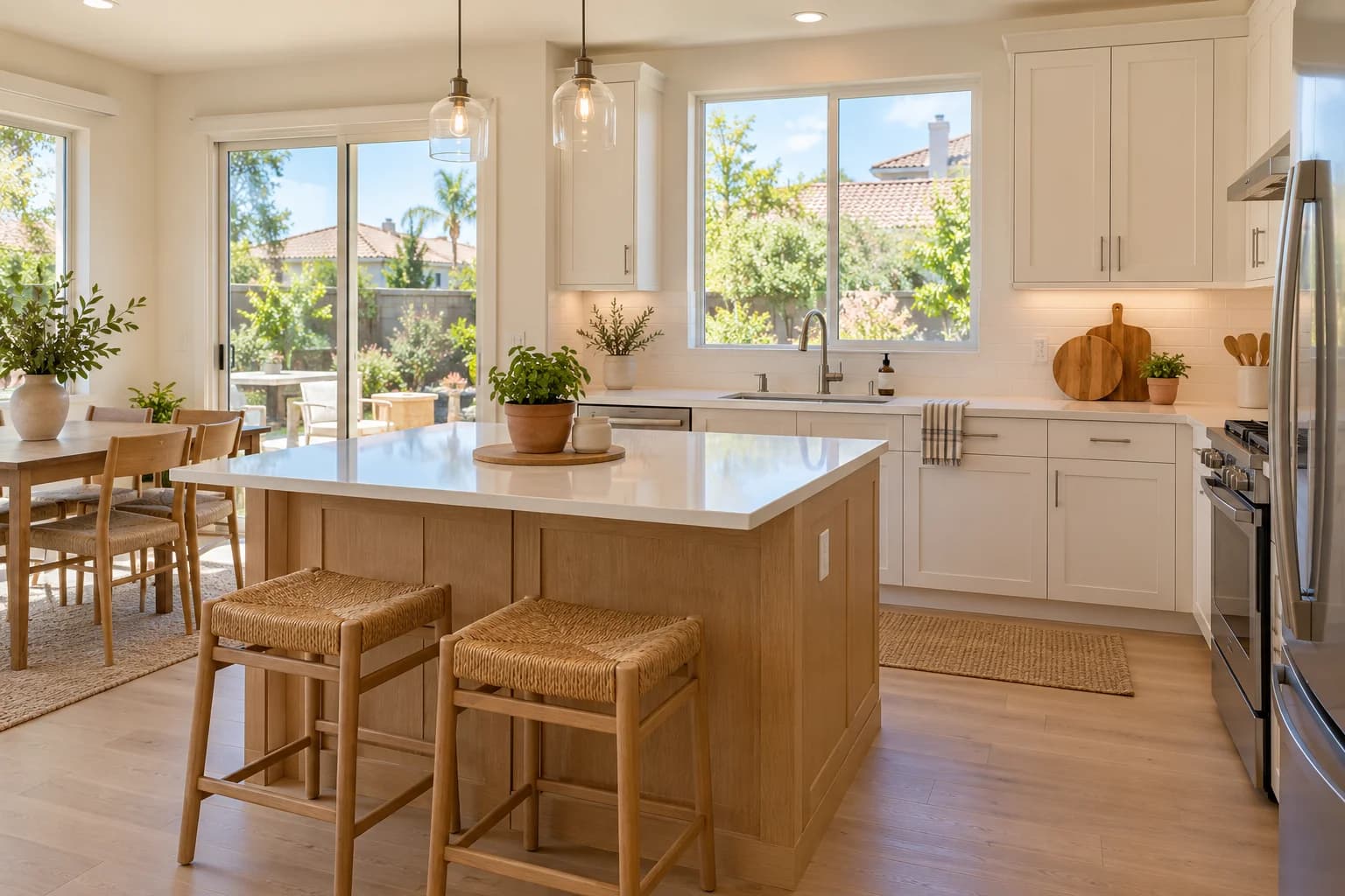 Clean modern California family-home kitchen with an oak island and warm boho accents