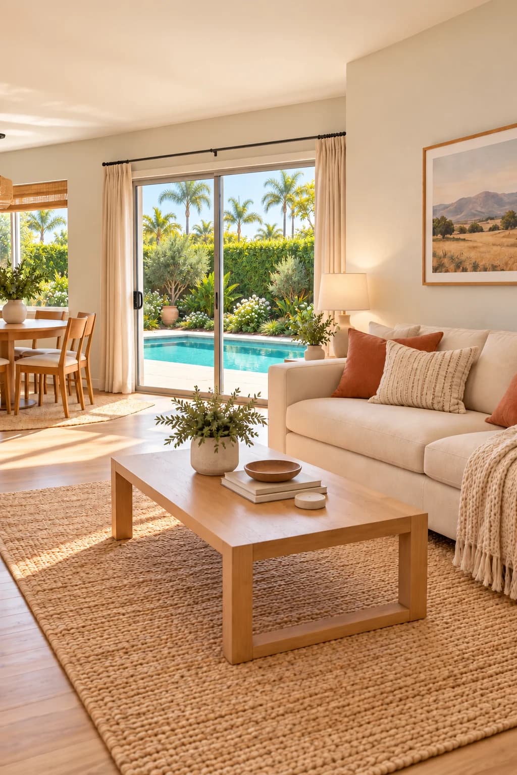 Clean modern California family home with warm boho decor, a backyard pool, lush privacy hedge and palm trees