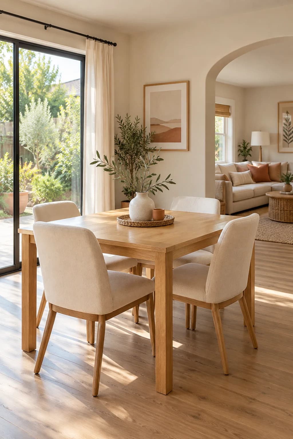 Freshly cleaned modern California dining room with light oak furniture and warm boho accents