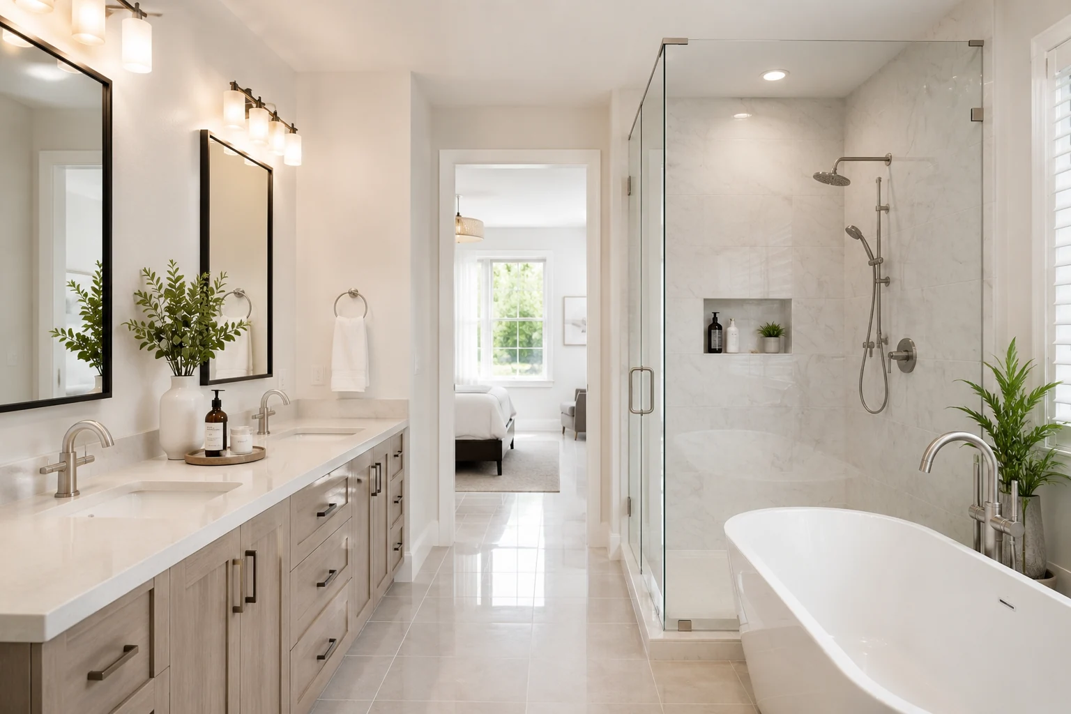 Sparkling clean bathroom with glass shower and freestanding tub serviced by Irene's European House Cleaning in Eastvale CA
