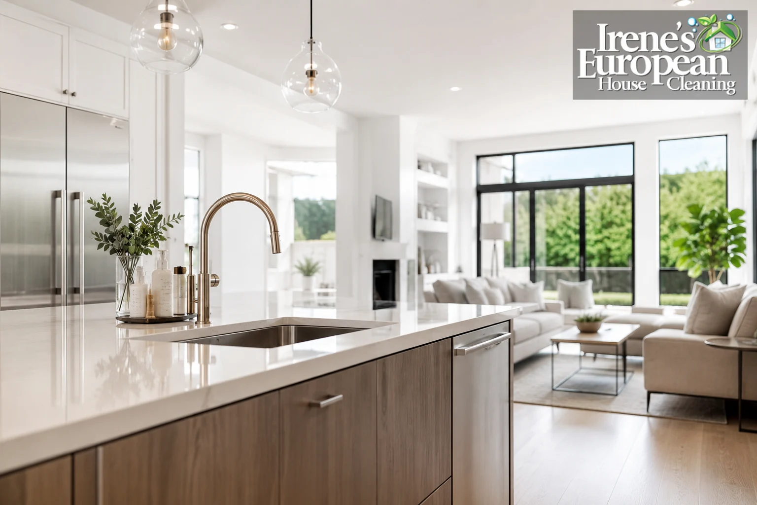Modern kitchen and living area professionally cleaned by Irene's European House Cleaning Service in Eastvale, CA