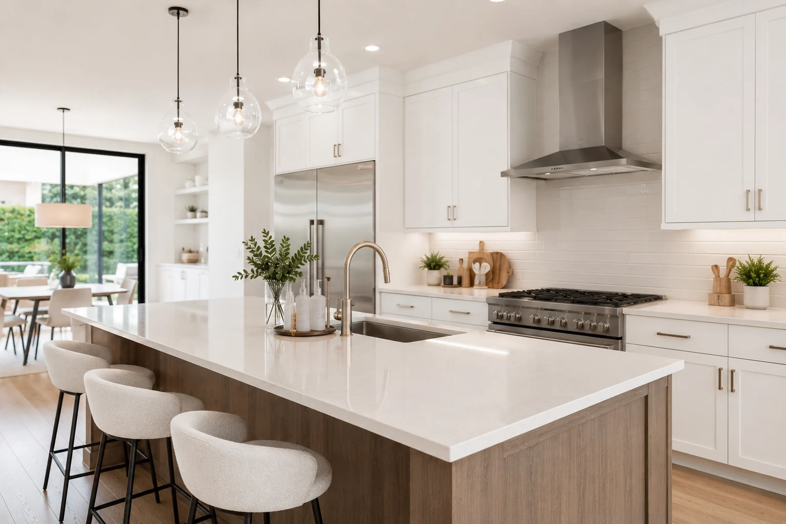 Spotless kitchen with white cabinets and quartz countertops cleaned by professional maid service in Eastvale CA 91752