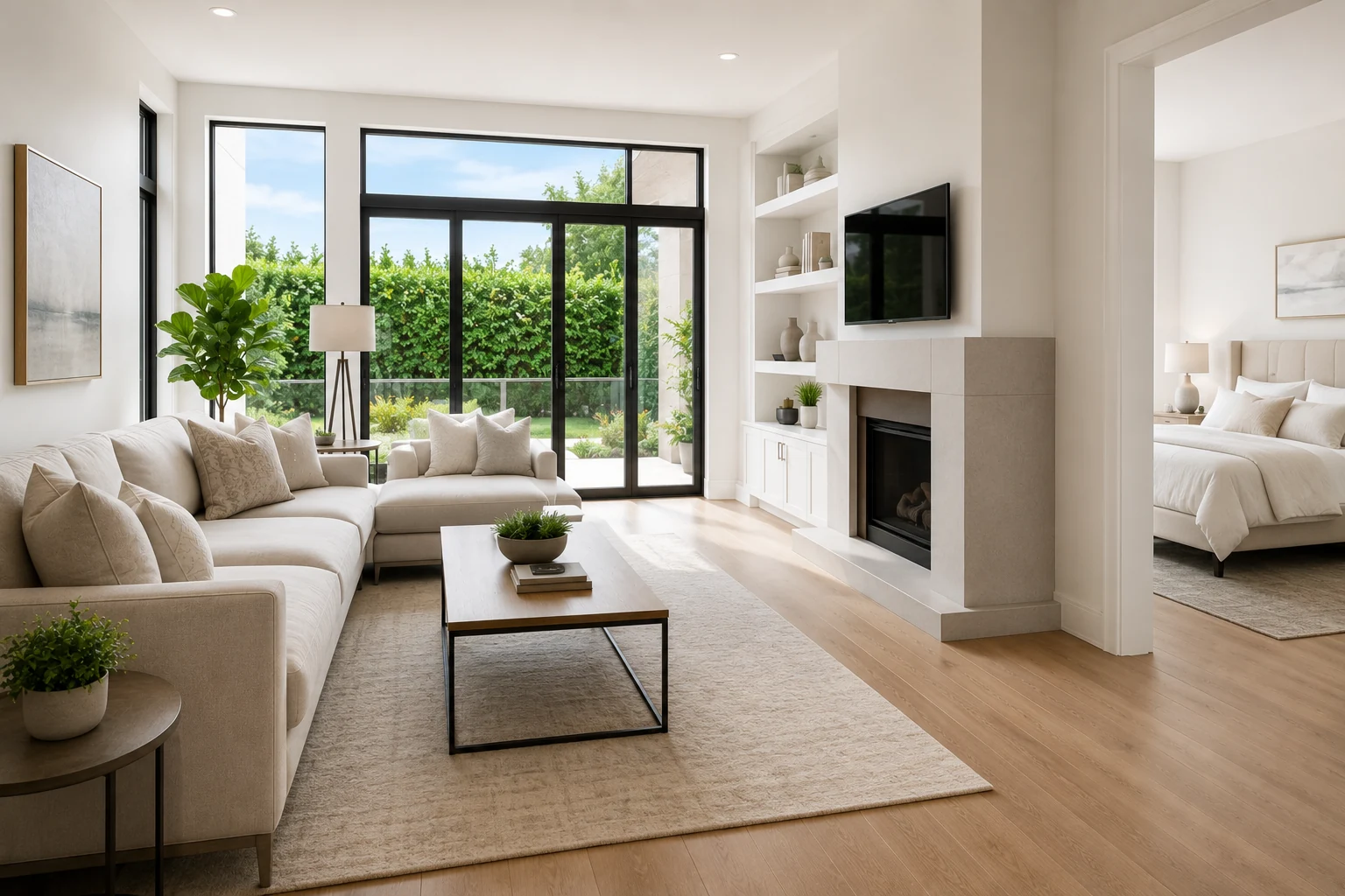 Bright open-plan living room with hardwood floors professionally cleaned by house cleaning service in Eastvale CA