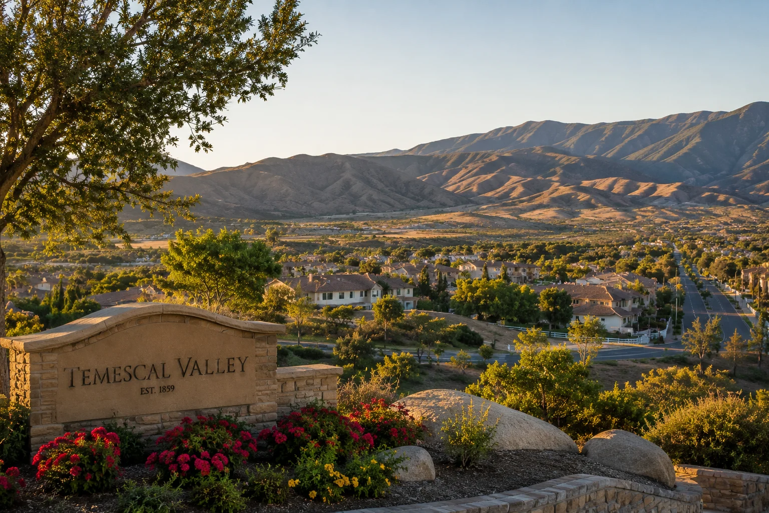 Temescal Valley CA sign with mountain views — neighborhoods served by Irene's European House Cleaning