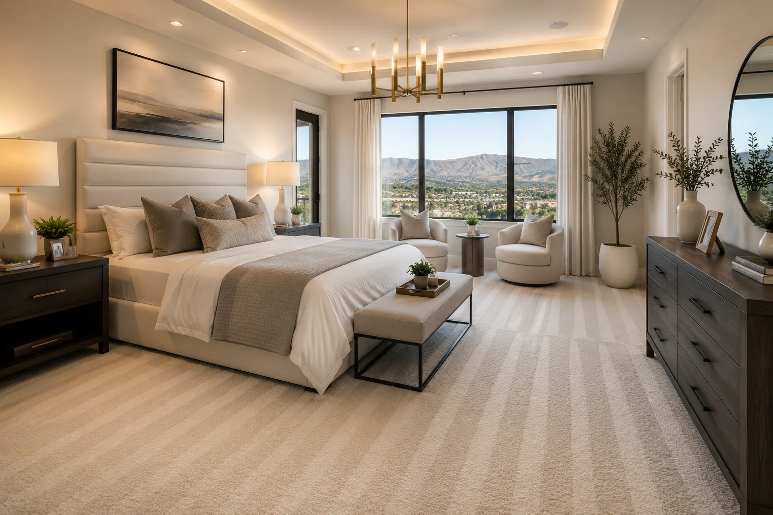 Professionally cleaned bedroom with mountain views in Temescal Valley CA by Irene's European House Cleaning
